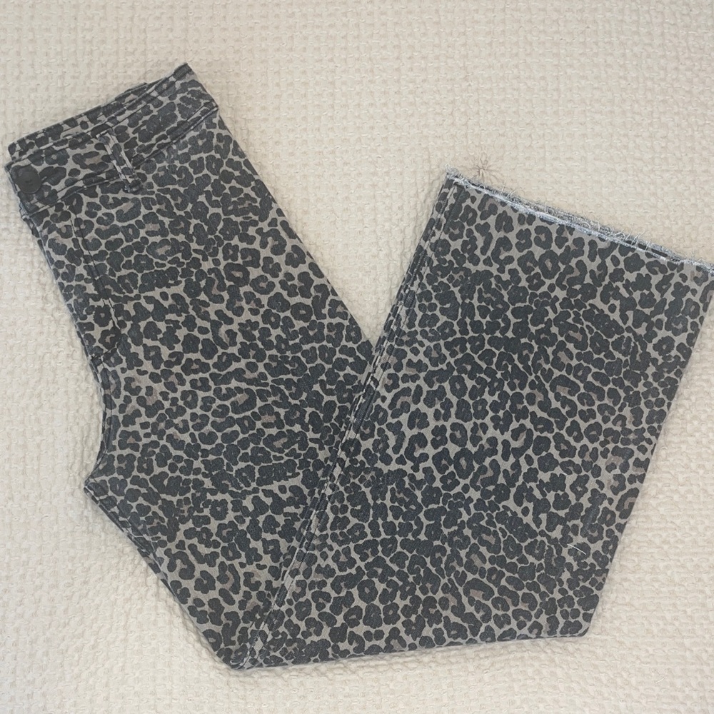 Leopard Print Wide-Leg High-Ride Raw-Hem Denim Pants - Molly Green Size S
